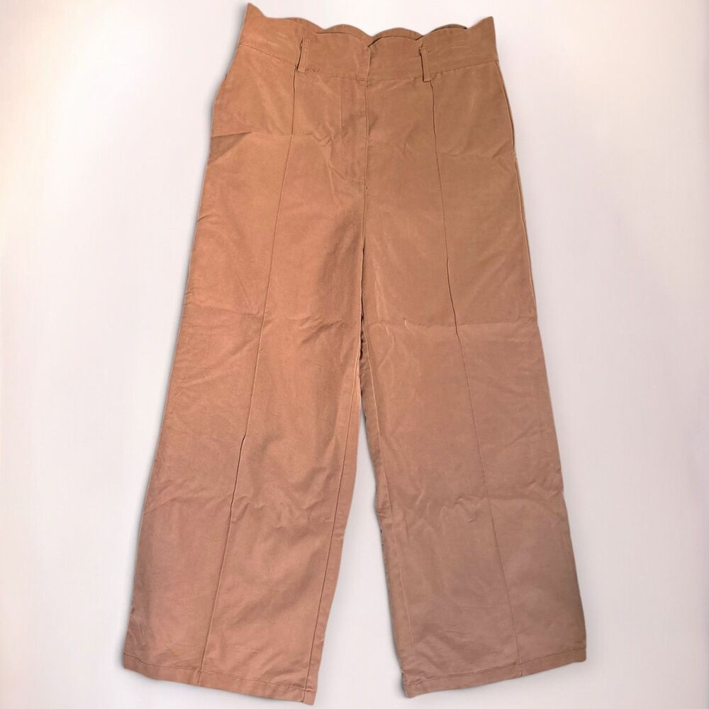 Vestique Womens Large Brown Paperbag Wide Leg Crop Pants High Rise Casual